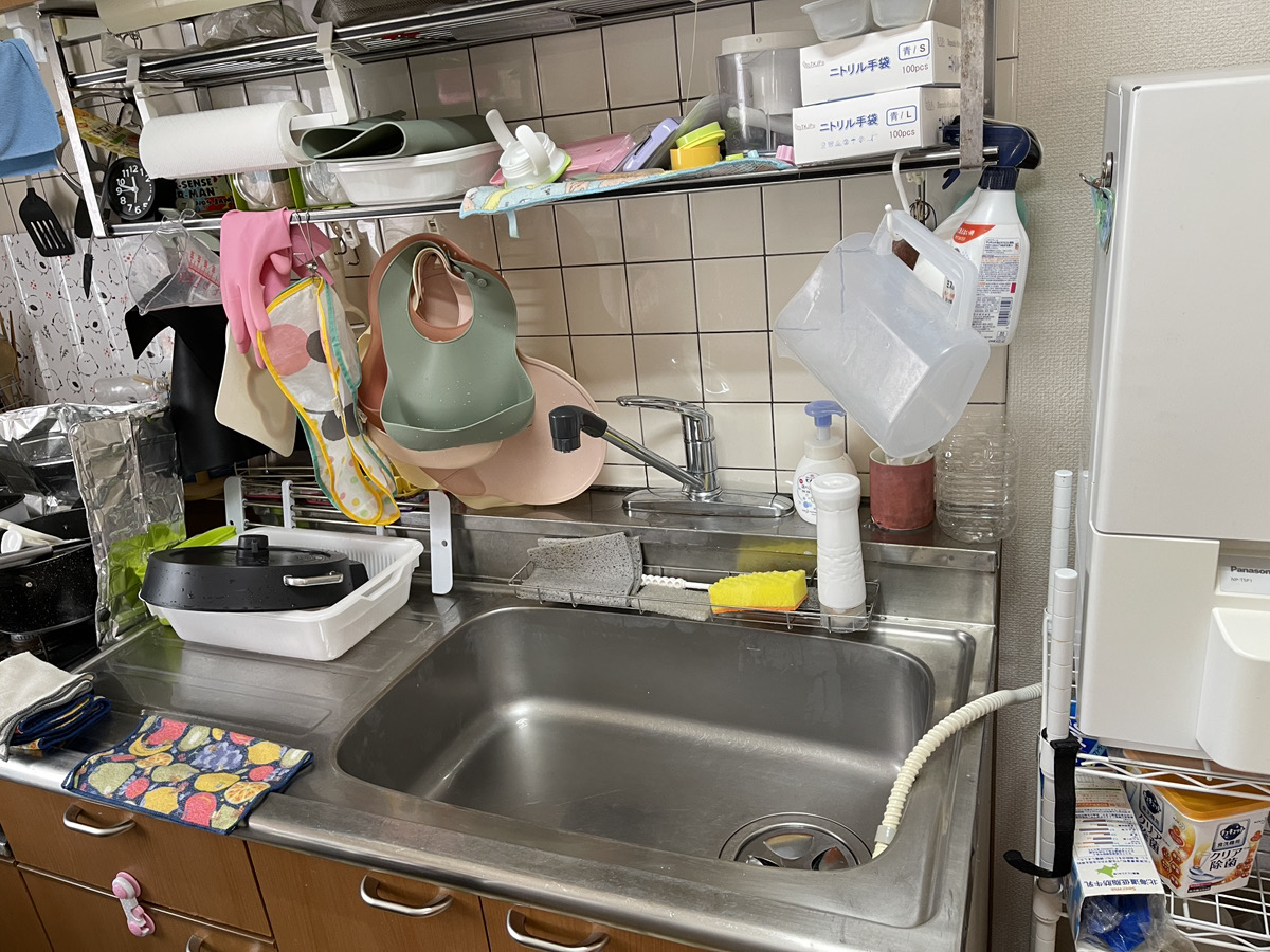 家事代行サービスを受けた後のキッチン。シンクも食器洗い機も片付き、整理されて機能的に収納されている。